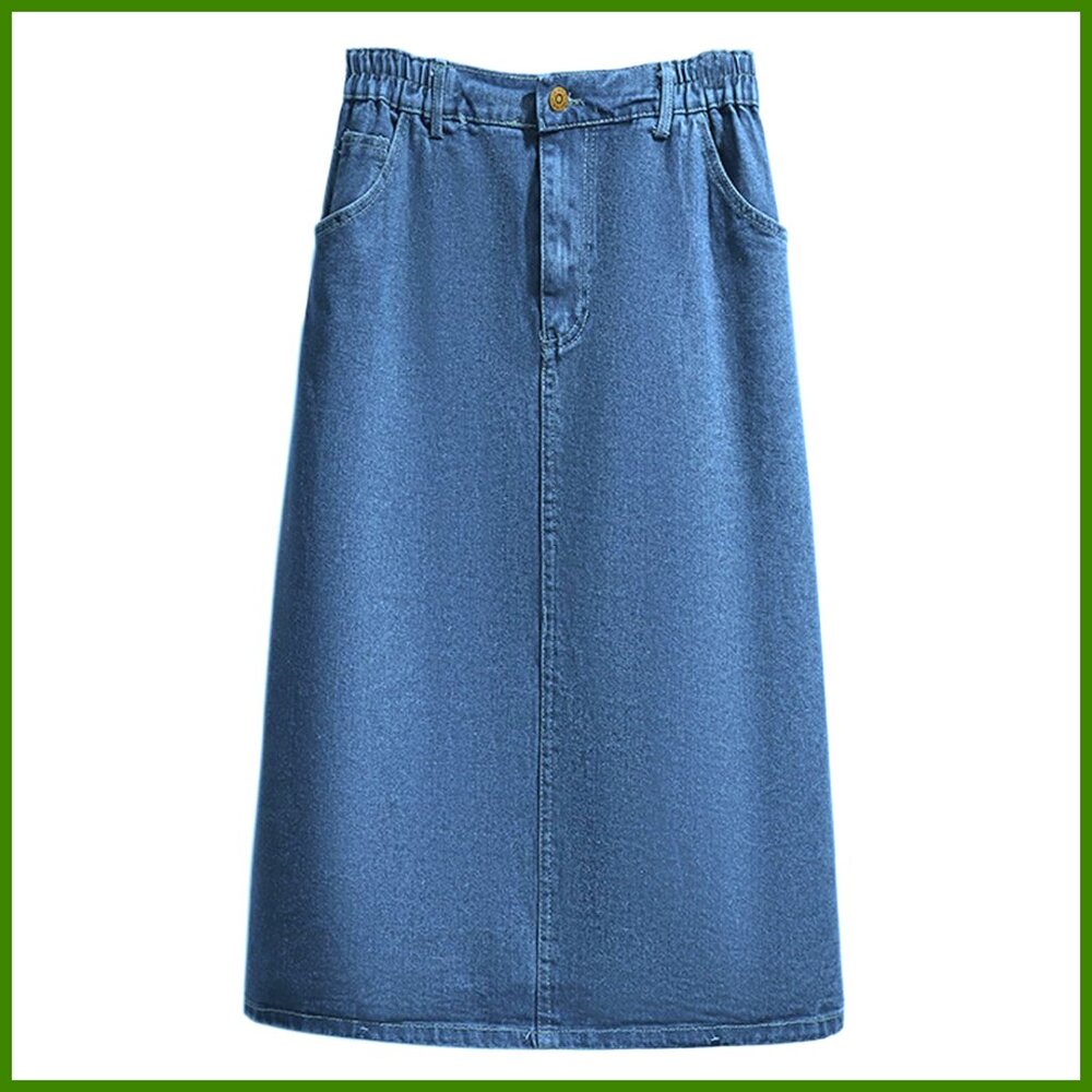 Elastic Waist Denim Midi Skirt with Pockets A-Line Flare
